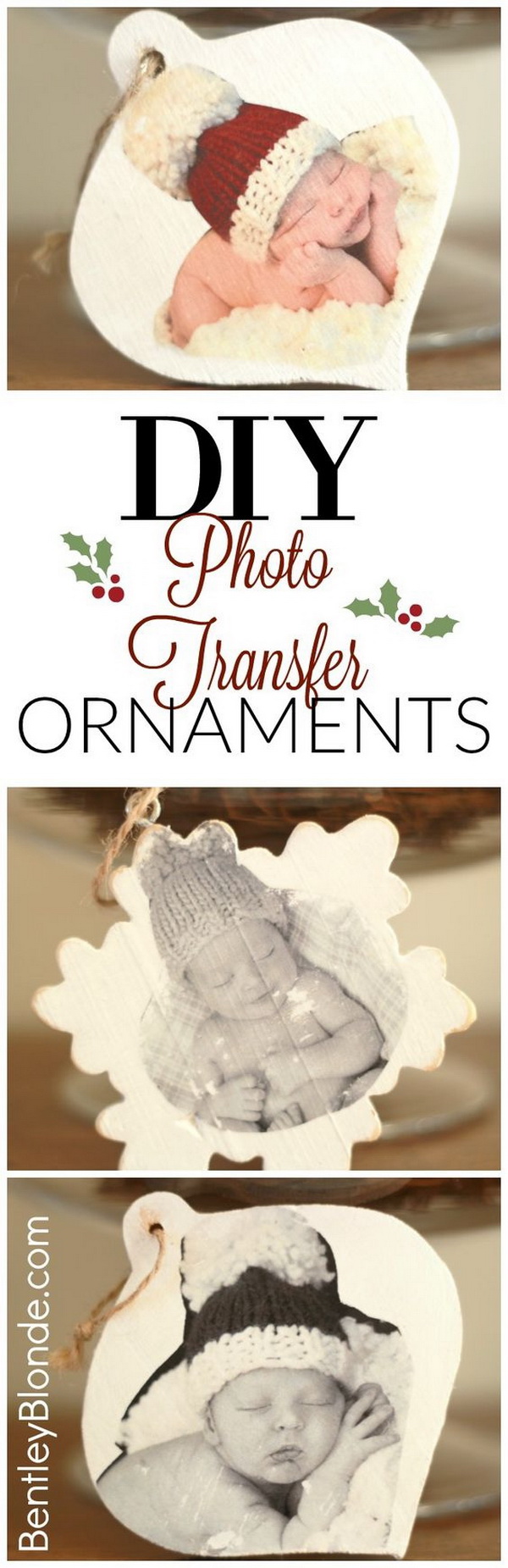 DIY Wood Christmas Ornaments with Photo Transfer. 