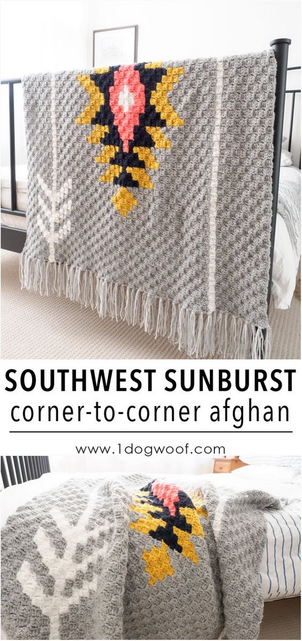 Quick And Easy Crochet Blanket Patterns For Beginners: Southwest Sunburst C2C Crochet Afghan. 