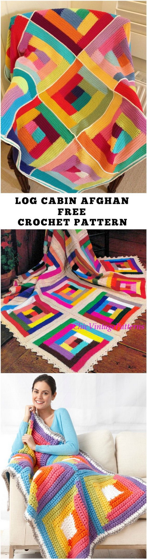 Quick And Easy Crochet Blanket Patterns For Beginners: Bright Log Cabin Afghan. 