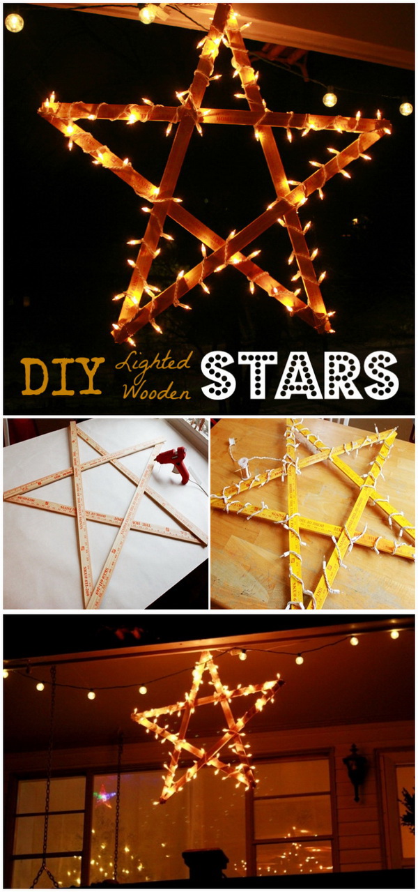DIY Lighted Wooden Stars. These North lighted star are easy and fun to create. Using 8″ yardsticks or rulers and wrap lights on to it and hang. 
