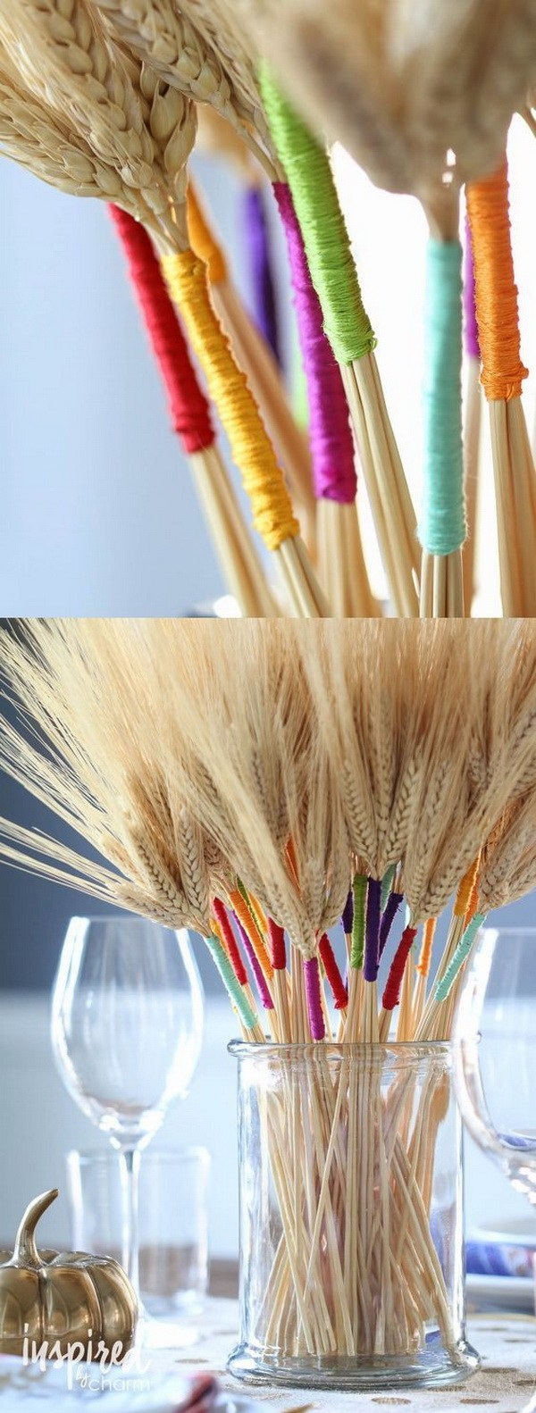DIY Color Wrapped Wheat. Add a pop of colors to your Thanksgiving and fall table with this stunning and beautiful DIY craft. 