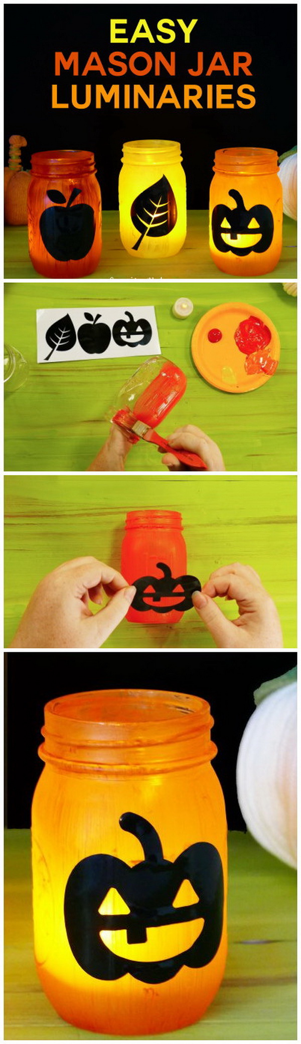 Easy Mason Jar Luminaries. These mason jar luminaries are super easy to make and pretty to add to your fall or halloween decor! 