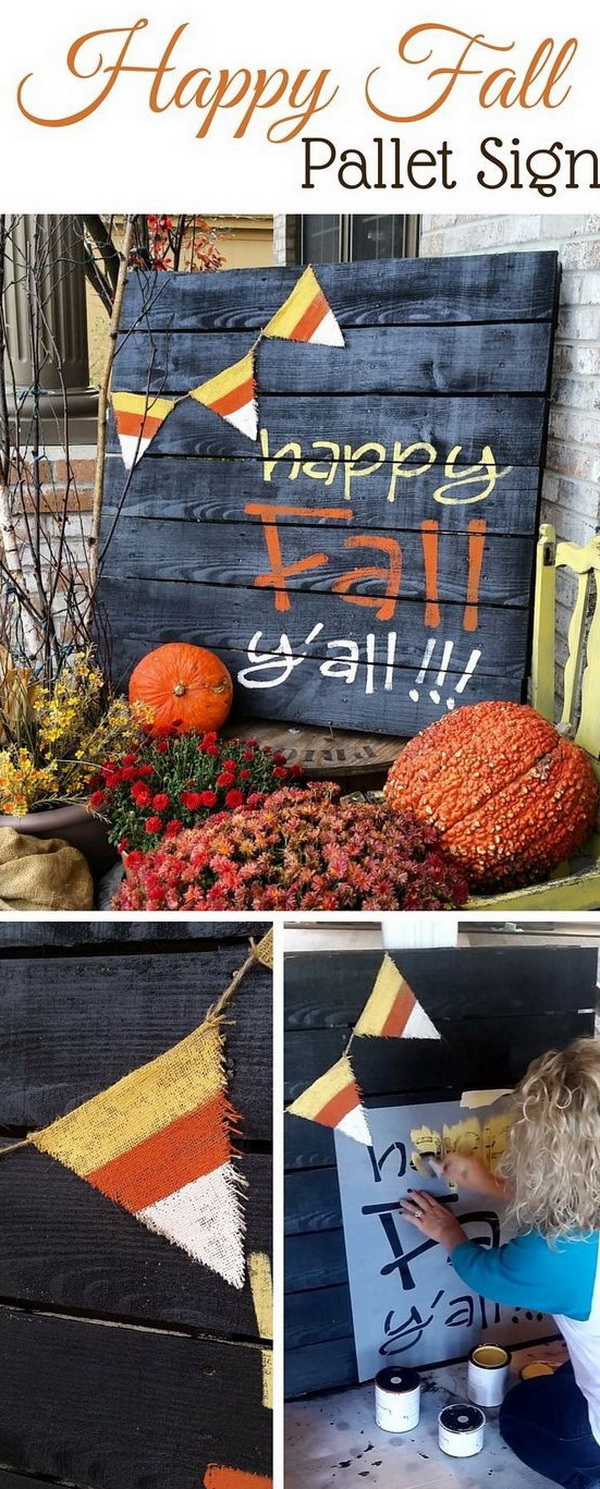 Happy Fall Pallet Painted Sign. Happy Fall Y'all painted pallet for your front porch! This is an adorable idea for your harvest themed decorations. 