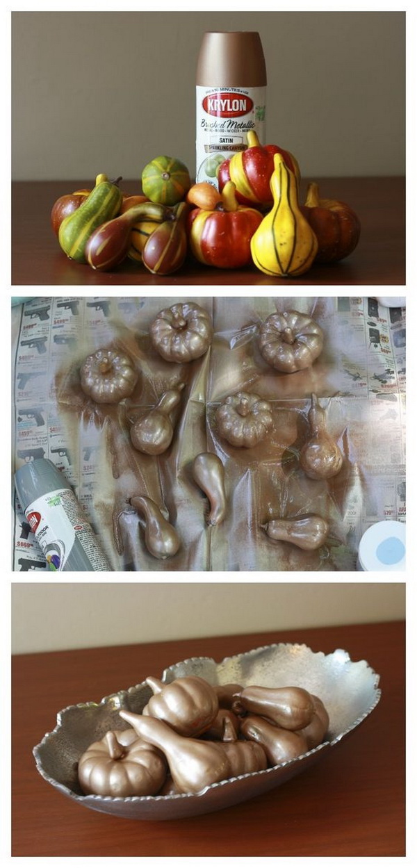 Spray Painted Plastic Gourds. Spray paint plastic gourds from the dollar store for a more modern look.