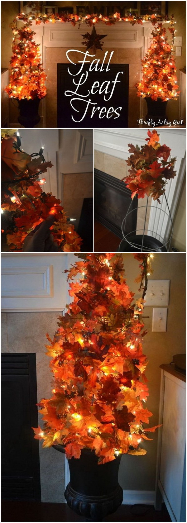 Easy DIY Fall Leaves Potted Topiary Tree. These tomato cage fall topiary trees made with 2 urn planters and were just too easy and pretty to add to your autumn decor! 