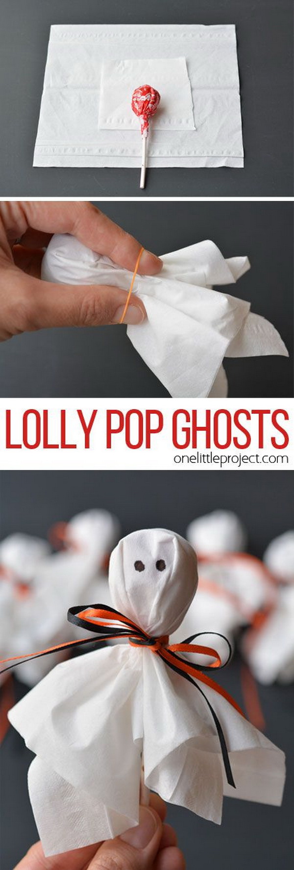 Lolly Pop Ghosts. These cute lolly pop ghosts are super easy and make a fun treat for a Halloween party or to send to school on Halloween! 