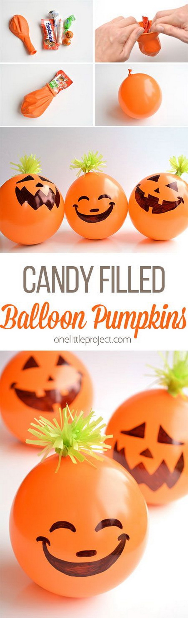 Candy Filled Balloon Pumpkins. These adorable candy filled balloon pumpkins are great as party favors for any kind of Halloween party! And they’re so easy to make! 