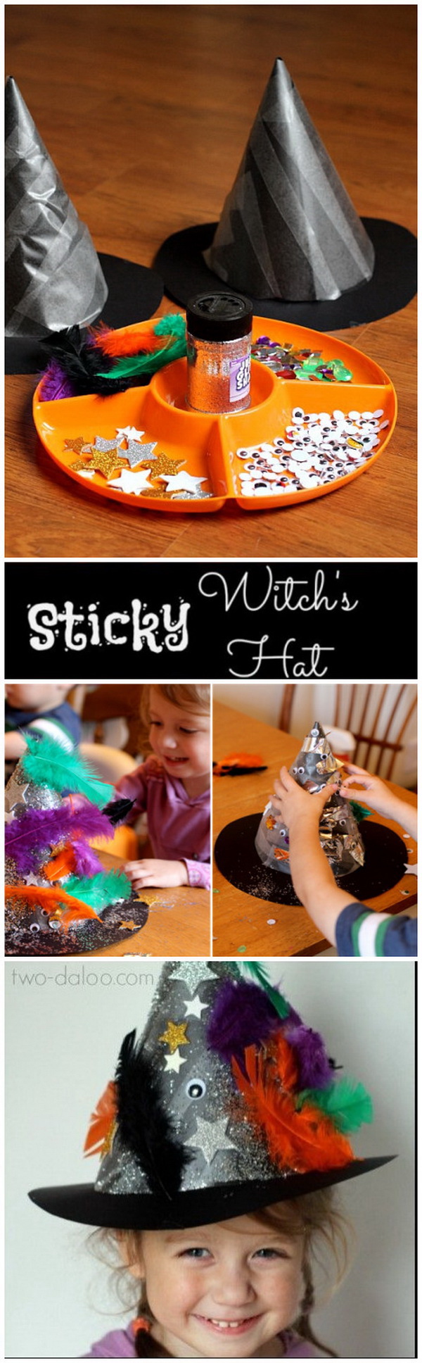 Sticky Witch Hat Toddler Craft. These sticky witch hats are made with contact paper, poster board, and collage materials! Kids big and small will have great fun in this craft! 