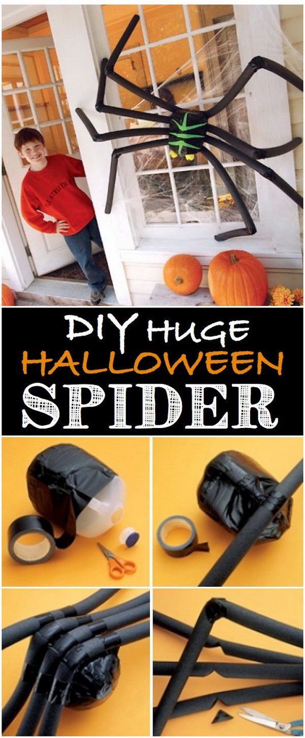 Huge Black Foam Spider. Decorating your house for Halloween and make it look particularly spooky by placing a giant fake spider outside that is made with materials you can find around your house or purchase inexpensively from a supermarket.