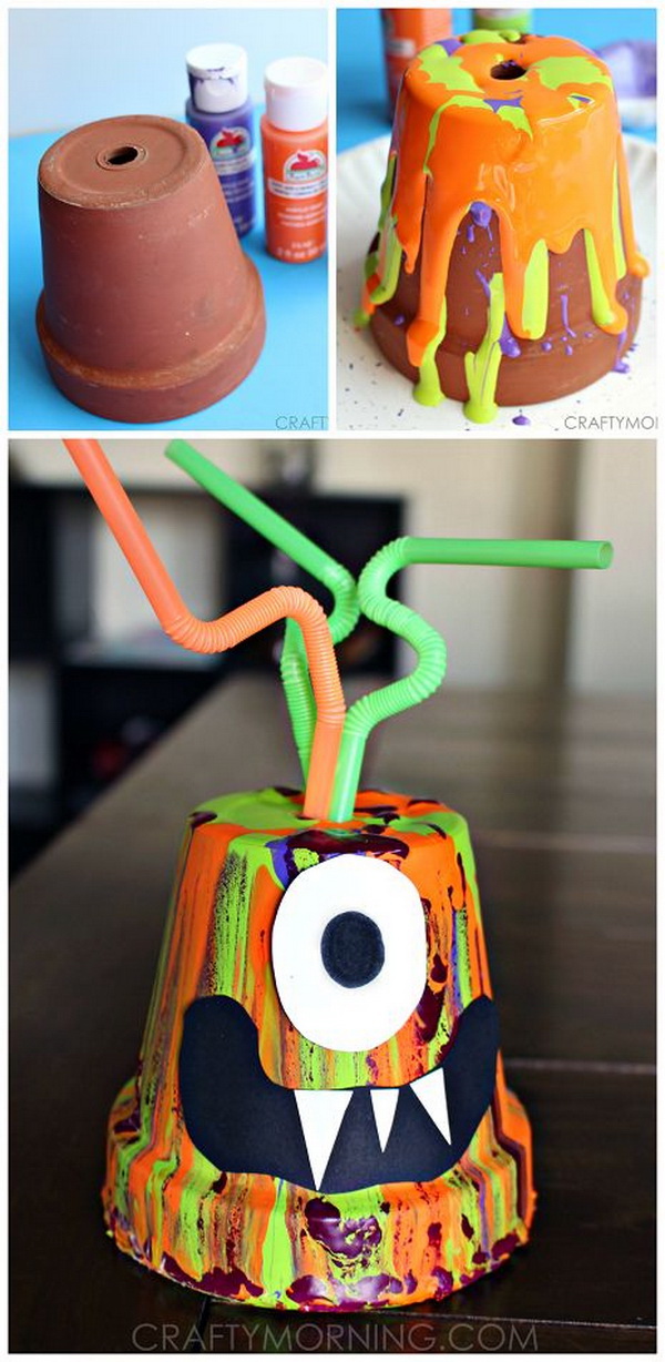 Paint Drip Monster Pots. Change the simple terra cotta pots into this adorable monster craft using paint! It's a great halloween art project for the kids to do. It also makes perfect holiday decoration. 