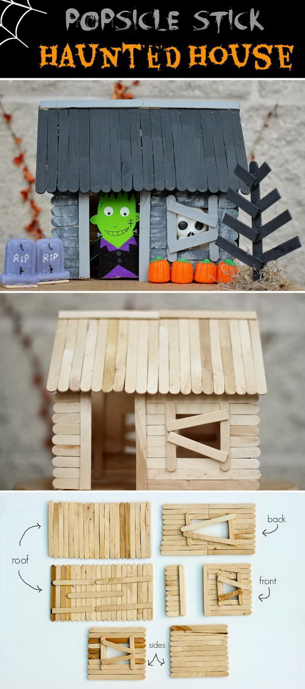 Popsicle Stick Haunted House for Halloween. This popsicle stick haunted house is a great Halloween craft and makes a great decoration that you can keep around year after year! 