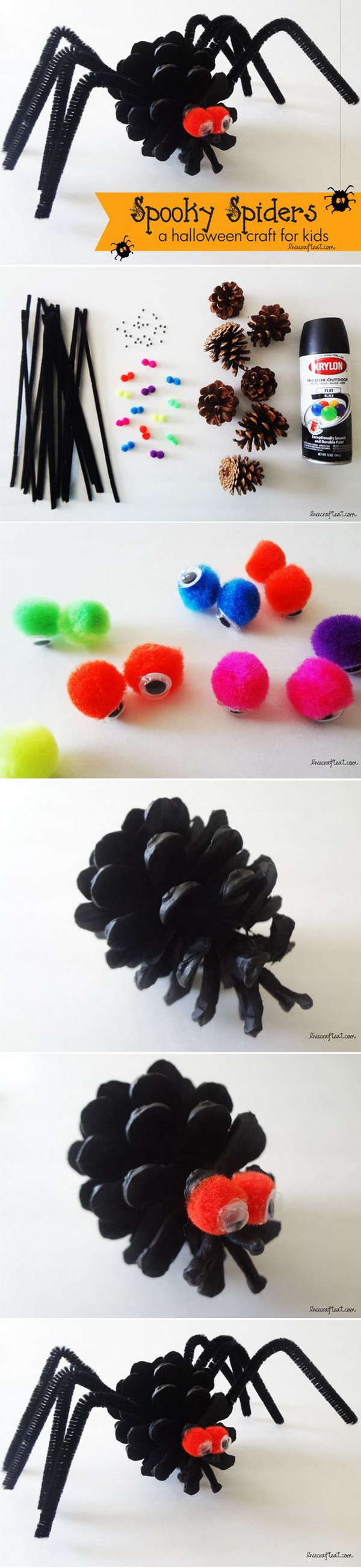 Spooky Spiders Made with Pine Cone. Make these super easy spooky spiders with pine cones! It is really a fun Halloween craft for kids.