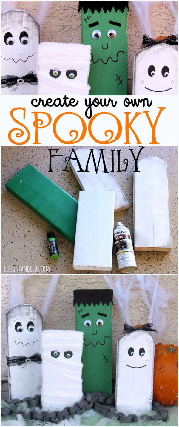 Wood Block Halloween Family. Make these spooky Halloween family out of painted wood blocks and decorate them as Frankenstein, Ghosts and more. Easy and inexpensive DIY decorations for Halloween.  
