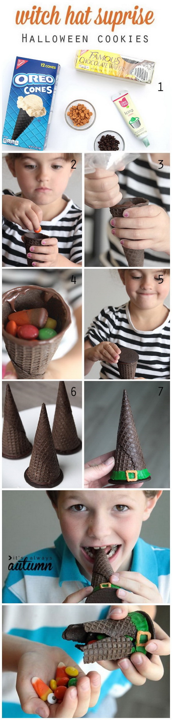 Witch Hat Surprise Cookies. These little cute witch hat surprise cookies are easy to make with an ice cream cone and a chocolate wafer and then filled with Halloween treats. What a fun and easy idea to do with the kids! 