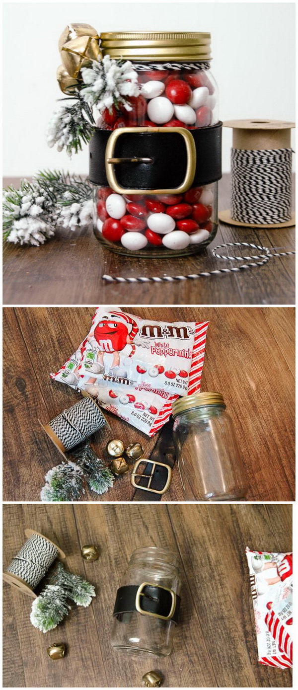 Dollar Store Santa Belt Jar. These Santa Belt jars are easy to whip up just in time and make great for a quick last minute holiday gift. 