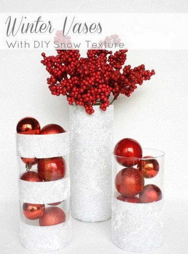 Winter Vases with DIY Snow Texture. The white snow effect against the clear vase creates a kind of winterland effect! 
