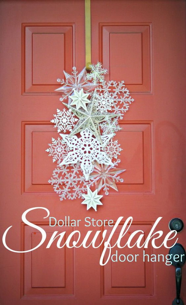Dollar Store Snowflake Door Hanger. Welcome the upcoming winter holiday with a create and elegant door hanger made with snowflake ornaments! 