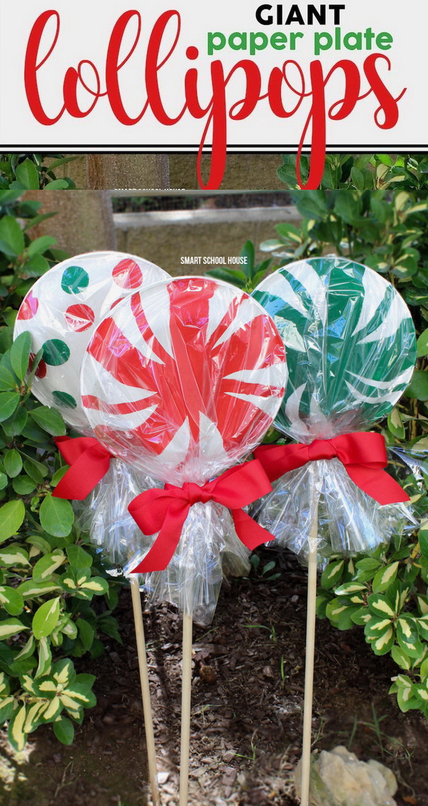Giant Paper Plate Lollipops. These giant paper plate lollipops are super cute as a garden decoration for Chritmas! 