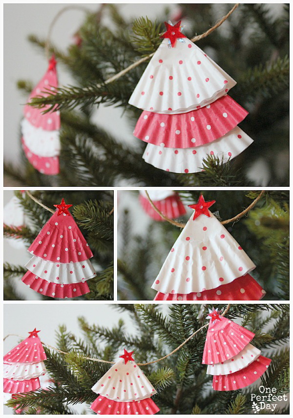 Cupcake Liner Garland. Repurpose the cupcake liners into these beautiful garland for Christmas tree or mantel decoration. 