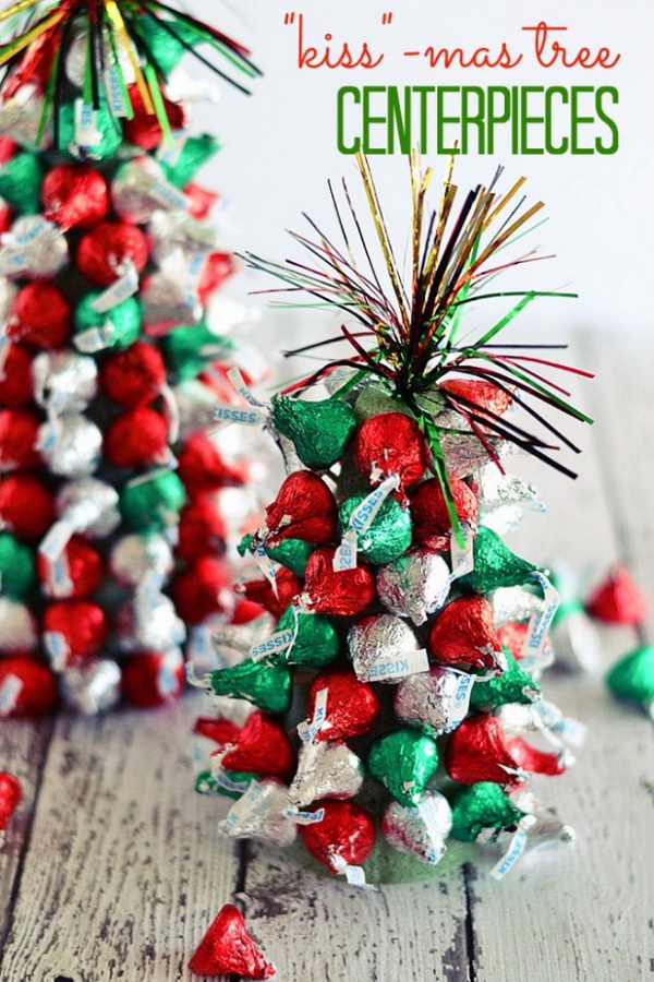 Kiss”-mas Tree Centerpieces. DIY little Christmas tree made with Kiss Chocolates in the red and green colors! Perfect for Christmas kids party decor! 