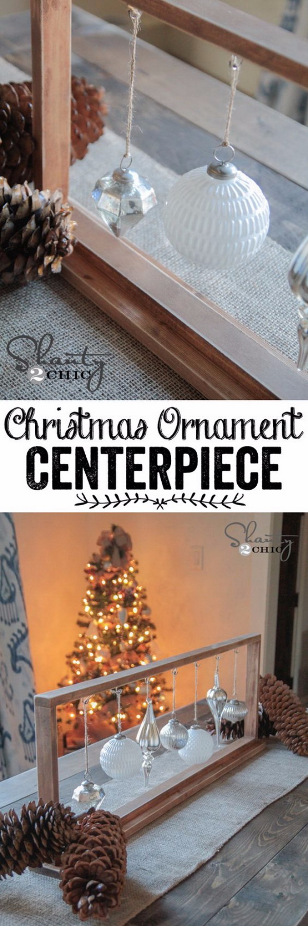 DIY Christmas Ornament Centerpiece. A DIY ornament centerpiece great for rustic farmhouse for this Christmas decoration! 