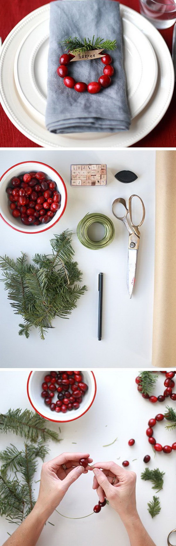 DIY Mini Cranberry Wreath Place Cards. These little mini cranberry wreaths are perfect and so sweet for entertaining for a Christmas or Thanksgiving party. 