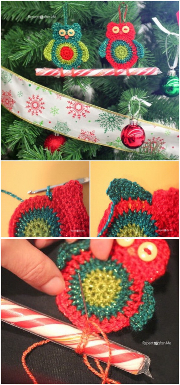 Crochet Owl Candy Cane Ornaments. 