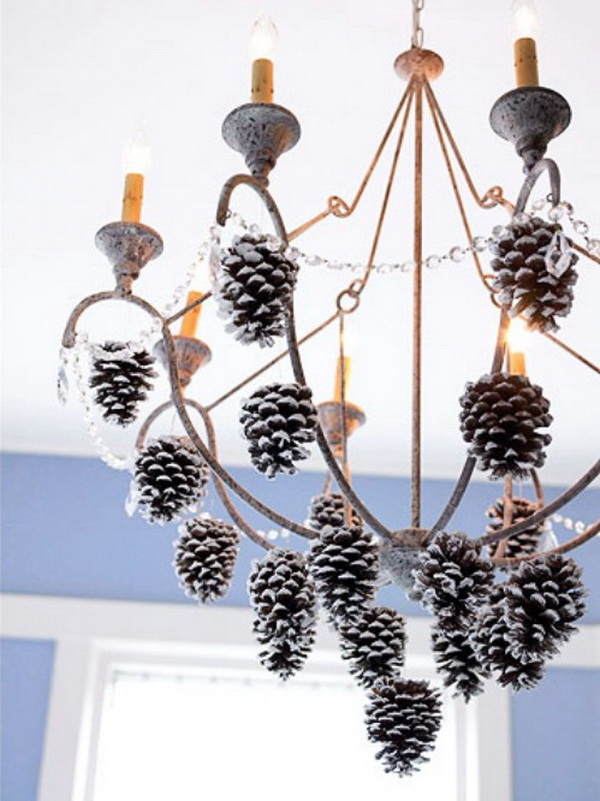 Woodsy Chandelier Decorated with Pine Cones. 