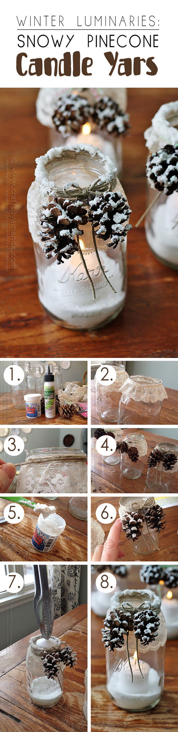 Snowy Pinecone Candle Jars. 