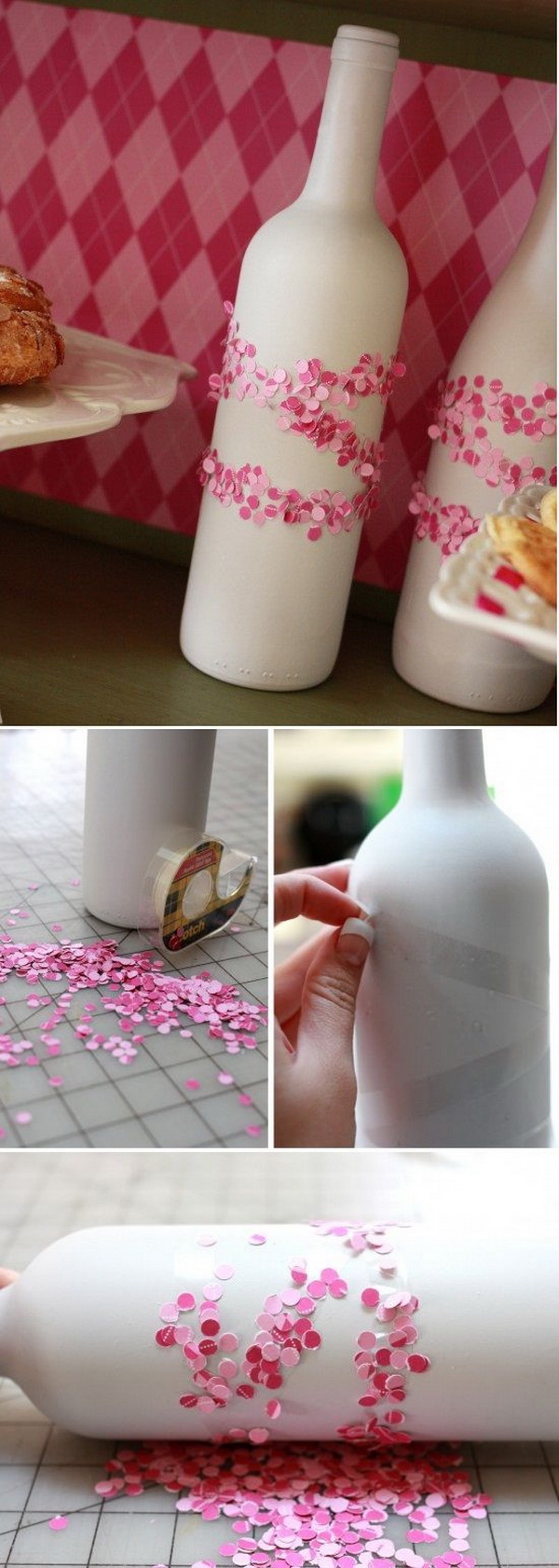 Pink Confetti Embellished Wine Bottles. 