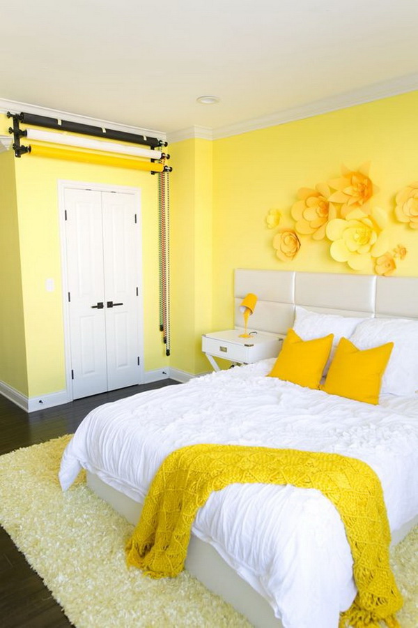 Yellow Bedroom with Wall and Pillow. 