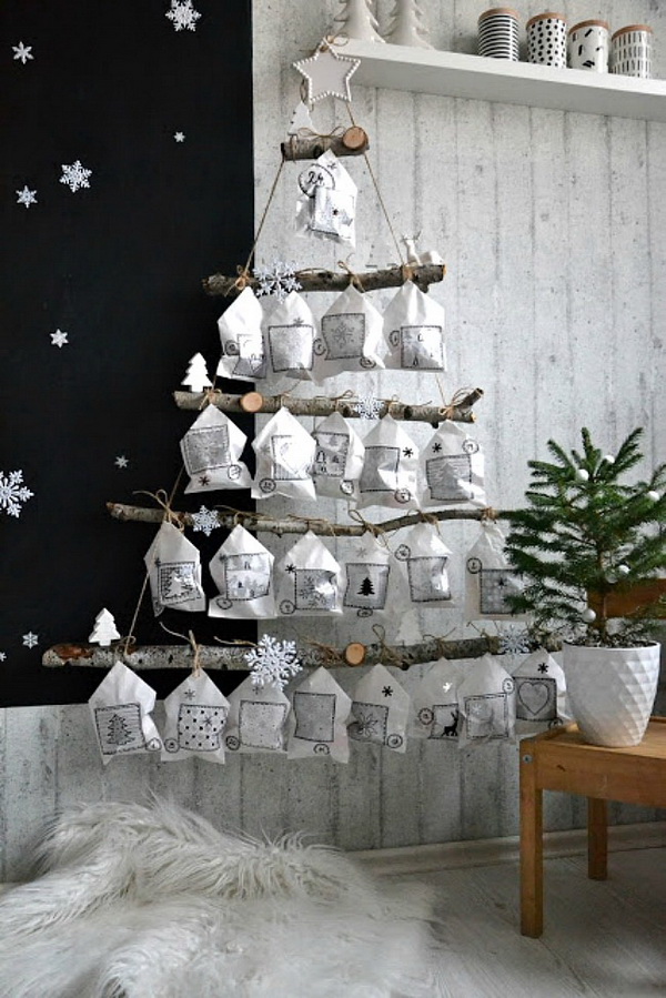 Christmas Tree Advent Using Branches And White Paper Bags. 